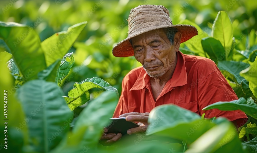 Elderly farmer uses a smartphone amidst his tobacco crop. Technology's integration into agriculture.