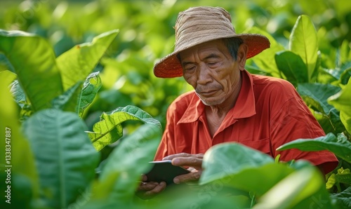 Elderly farmer uses a smartphone amidst his tobacco crop. Technology's integration into agriculture.