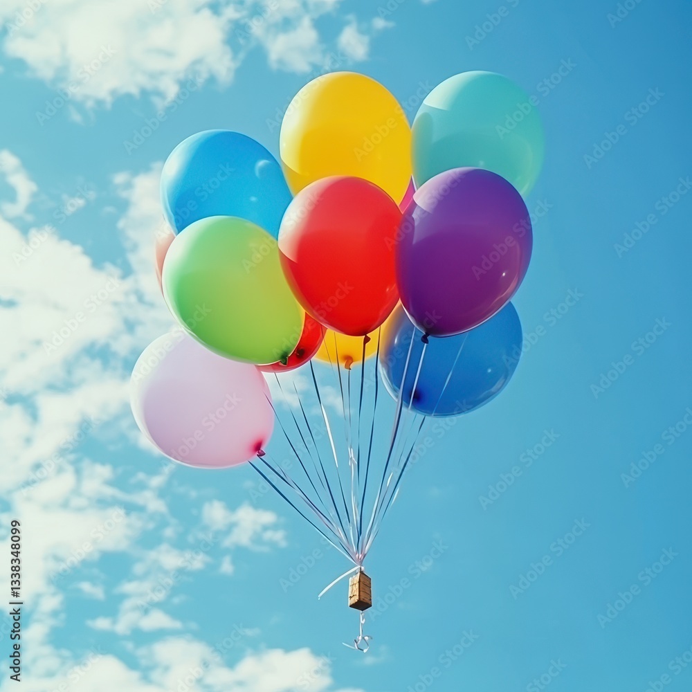 Colorful Balloons Floating Against a Bright Blue Sky Background Colorful Balloons Floating Against a Bright Blue Sky Background