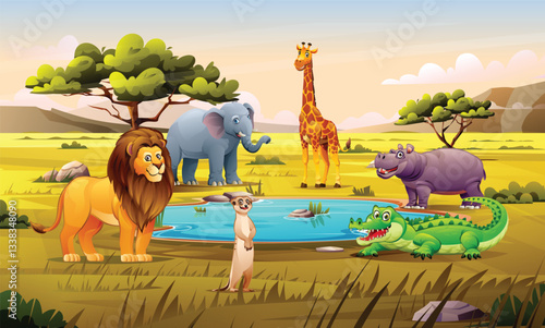 A lion, elephant, giraffe, meerkat, hippopotamus, and crocodile gather around a watering hole. Vector cartoon illustration