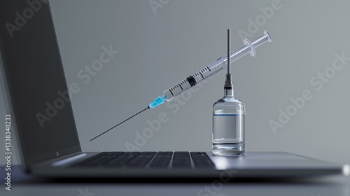 Syringe poised above laptop and vial of vaccine