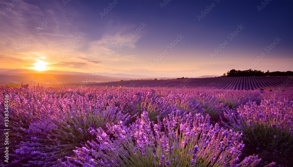 Obraz premium Blurred lavender field at sunset, creating a dreamy and romantic atmosphere. Perfect for perfume, cosmetics, and luxury branding