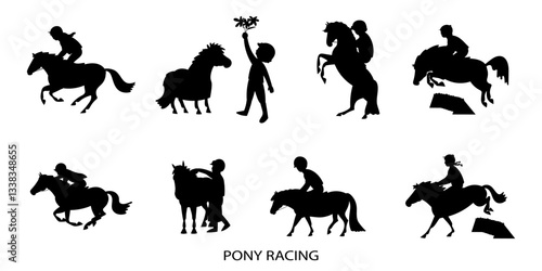Silhouettes of children riding and interacting with ponies in various equestrian activities