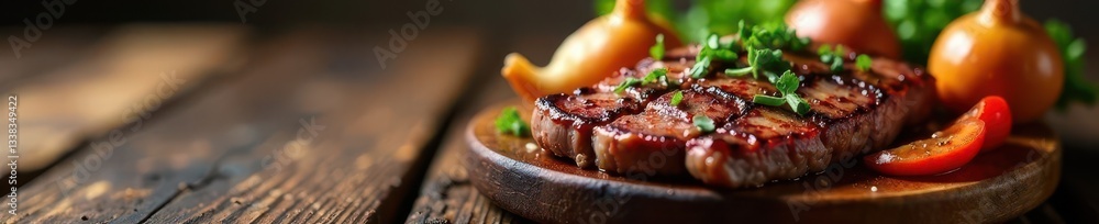 Sizzling liver and onions, rustic wooden table, old, shadow, lunch Sizzling liver and onions, rustic wooden table, old, shadow, lunch