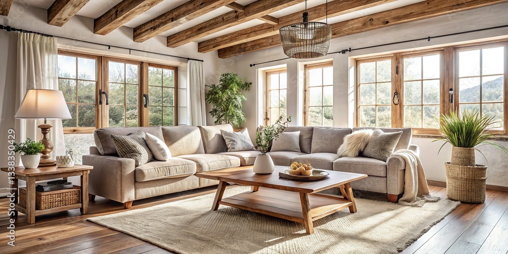 Cozy Farmhouse Living Room Mockup: Rustic Decor & Comfortable Seating Cozy Farmhouse Living Room Mockup: Rustic Decor & Comfortable Seating