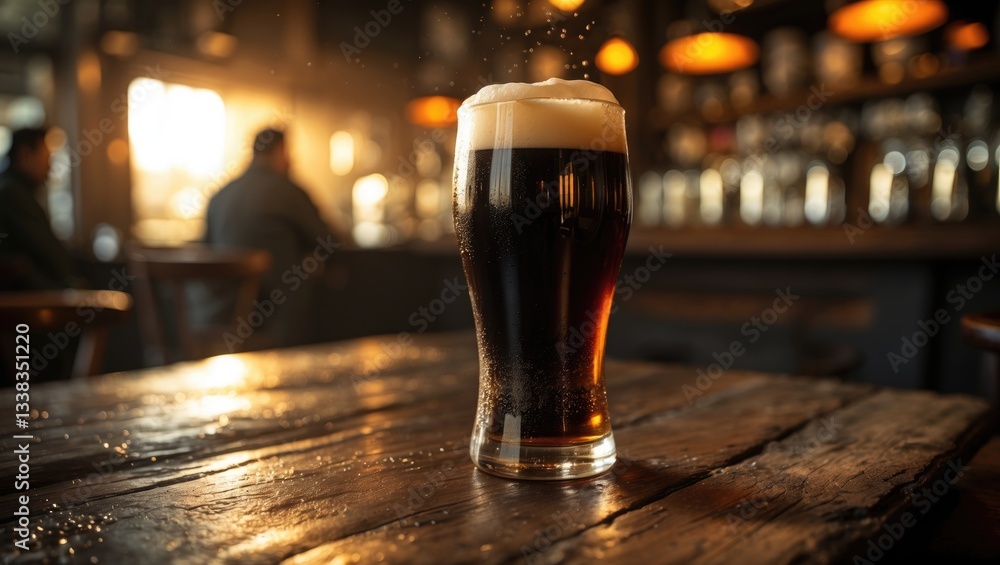 Cold refreshing stout beer in a glass, closely positioned on the wooden table. Cold refreshing stout beer in a glass, closely positioned on the wooden table.