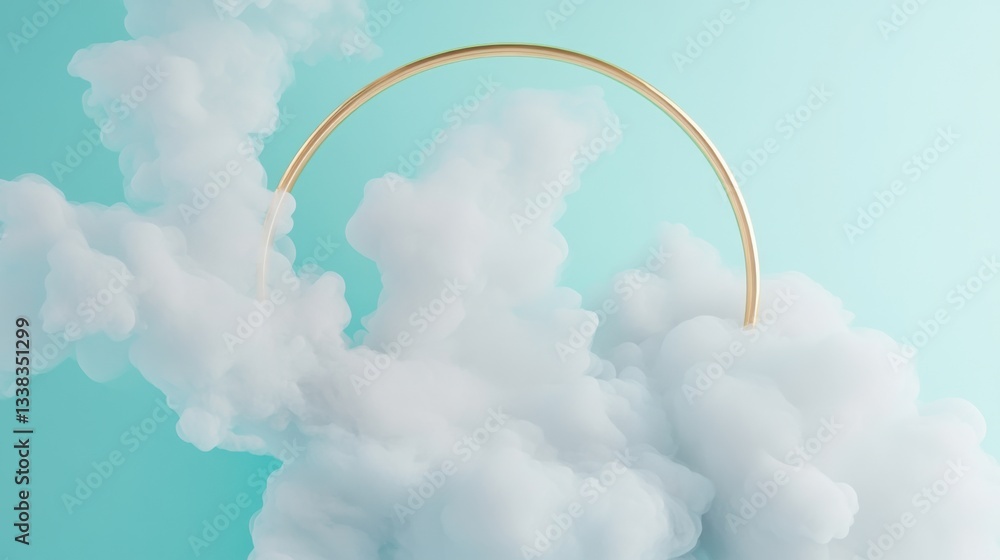 Fototapeta premium Abstract minimalist wallpaper with a golden round frame and flowing white smoke on a blue background.