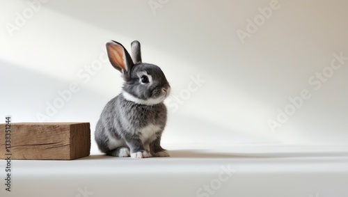 Healthy baby rabbit perched beside a wooden block against a plain background. Cute little bunny engages playfully with an empty wooden block in the setting.