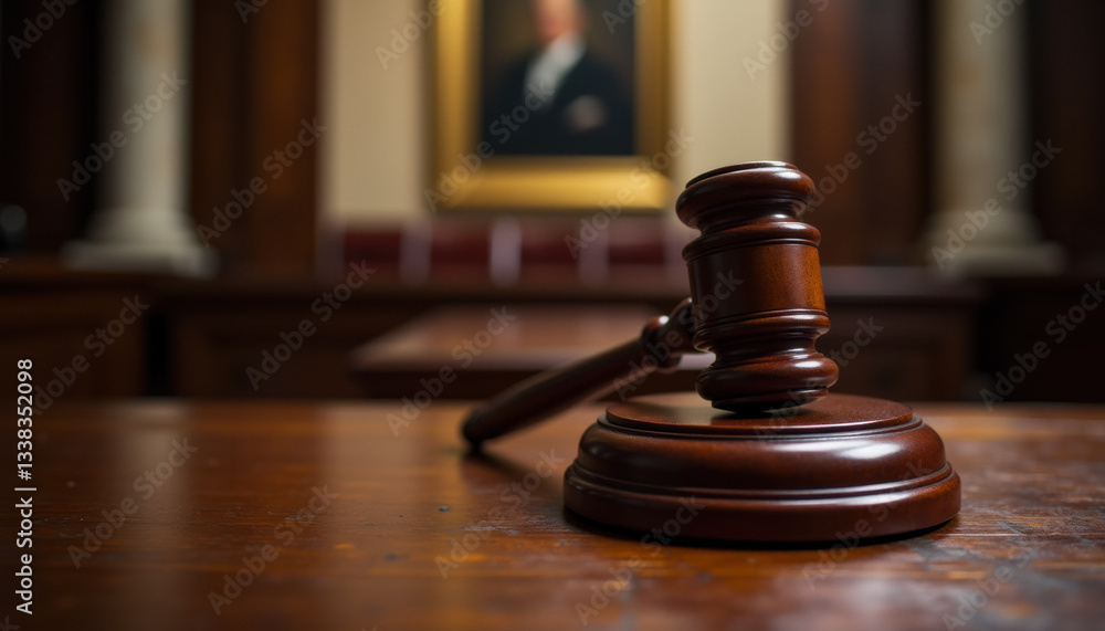 Courtroom setting with a gavel resting on a wooden desk highlighting the judicial process in an American legal system. Courtroom setting with a gavel resting on a wooden desk highlighting the judicial process in an American legal system.