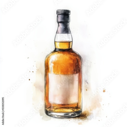 Artistic Illustration of a Whiskey Bottle with Watercolor Effect for Beverage Enthusiasts