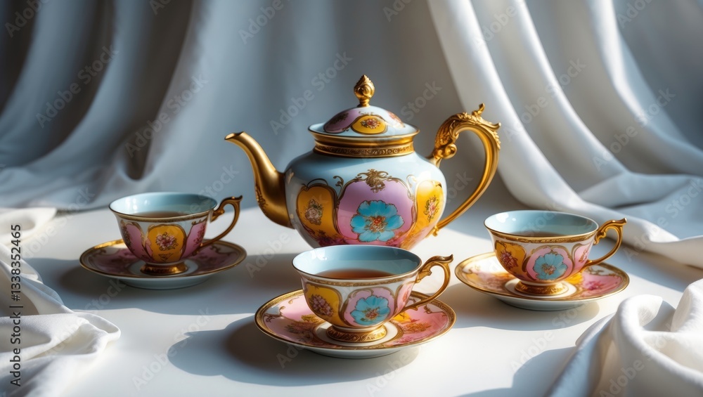 Fototapeta premium Mockup design collection featuring elegant and traditional teapot alongside colorful coffee and tea cups on saucers, positioned next to a hot teapot, showcasing drinkware against a white backdrop.