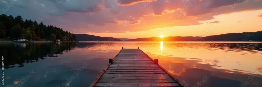Fototapeta premium Sunset casts golden light on a wooden dock stretching across Torch Lake's still surface , golden light, USA, pier