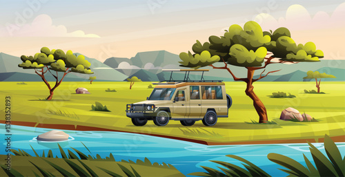 Safari vehicle parked by a riverbank, surrounded by the lush savanna landscape. Vector cartoon landscape illustration