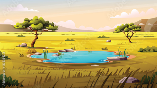 Serene waterhole in the savanna, with trees and rocks surrounding the water. Vector cartoon landscape illustration