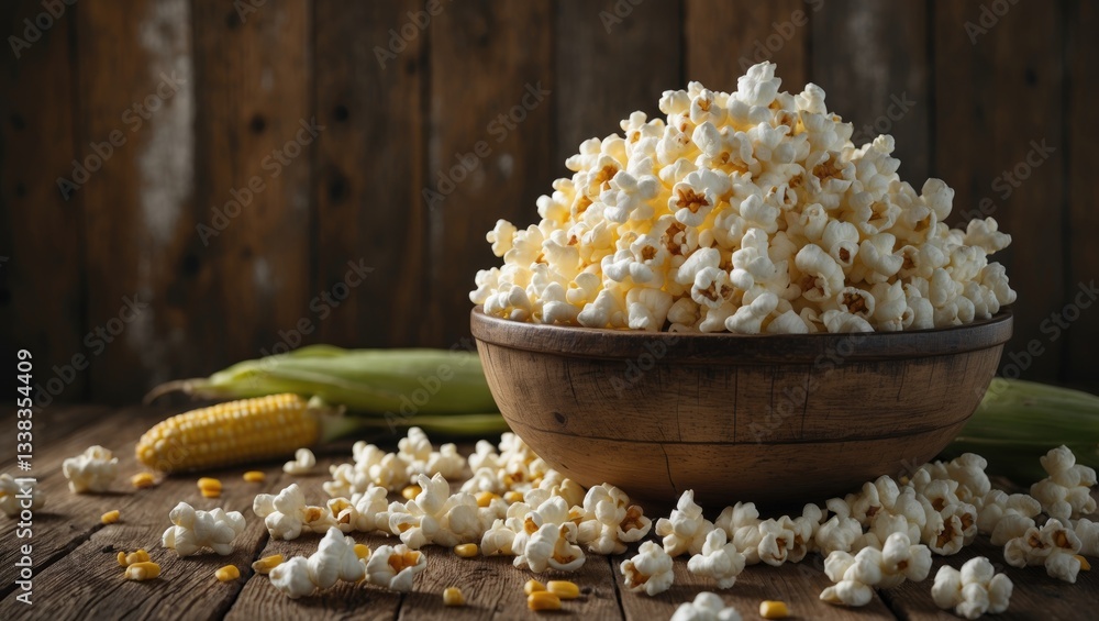 Freshly popped popcorn, corn kernels, and cob on a wooden surface with space for text. Cooking popcorn. Freshly popped popcorn, corn kernels, and cob on a wooden surface with space for text. Cooking popcorn.
