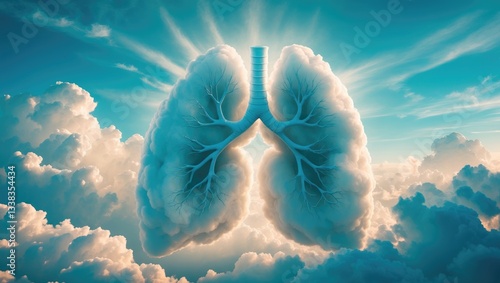 Fototapeta Naklejka Na Ścianę i Meble -  Human lungs depicted as a cloud against a blue sky backdrop. Cloud resembling lungs. The vibrant sky represents our lungs.