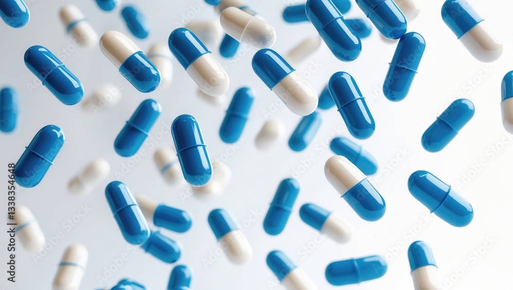 Antibiotic capsules floating in the air against a white backdrop. Antibiotic capsules floating in the air against a white backdrop.