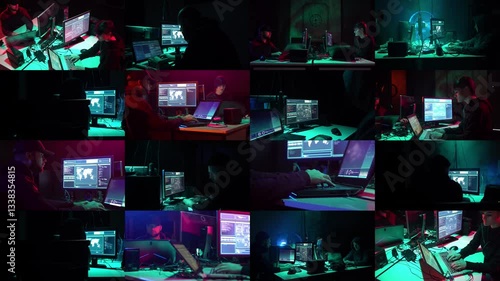 Dynamic Hacker Duo in Dark Room: Cybersecurity Experts. Collage.