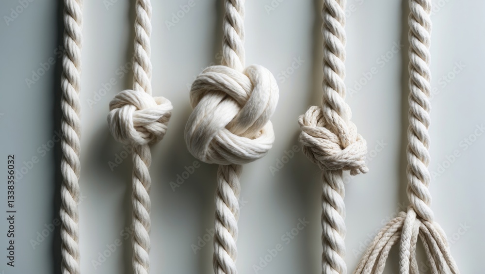 Cotton ropes with knots isolated on a white backdrop. Cotton ropes with knots isolated on a white backdrop.