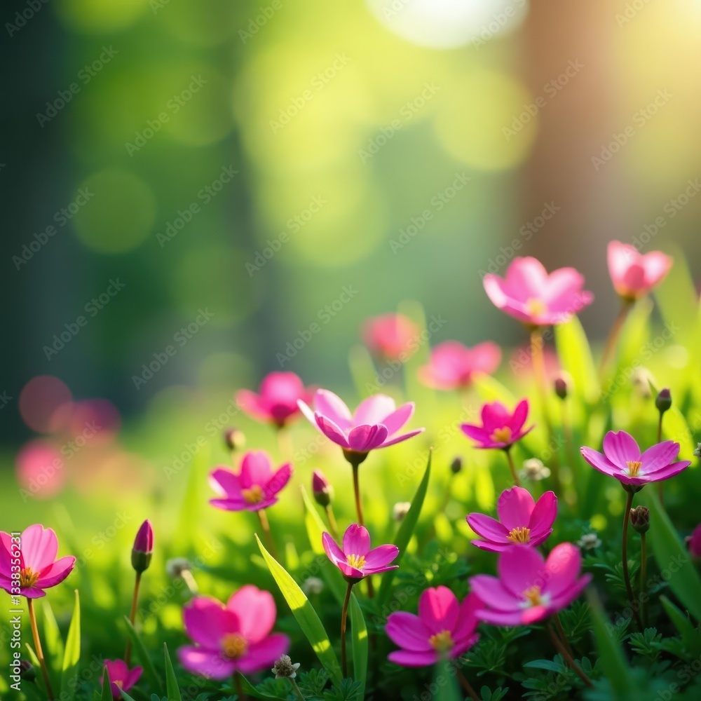 Obraz premium Vibrant pink flowers, lush spring meadow wallpaper, wallpaper design, pink flower