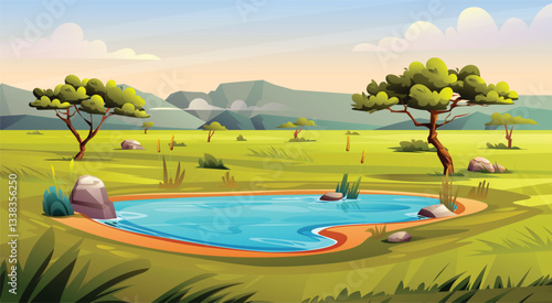 Savanna waterhole surrounded by rocks, trees, and grasses in a scenic landscape. Vector cartoon illustration