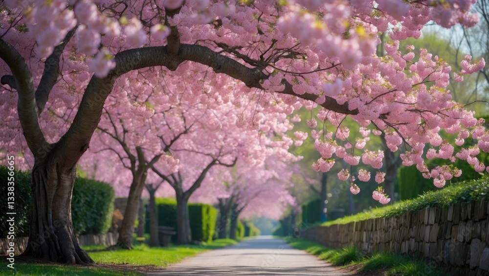 Pink blossoms decorate the limbs of a stunning tree. Pink blossoms decorate the limbs of a stunning tree.