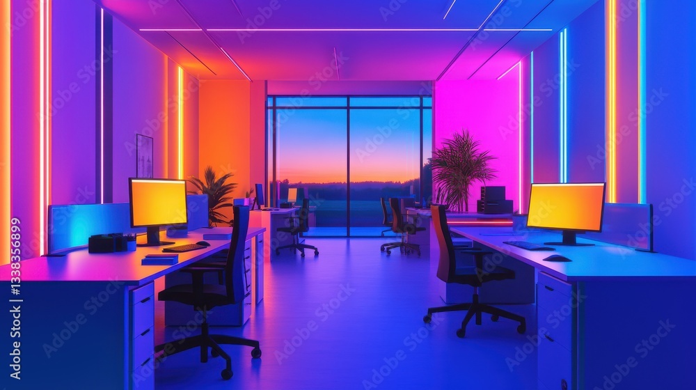 Fototapeta premium Modern office interior with desks and computers, creative workspace layout, bold minimalism, startup growth, business startup concept