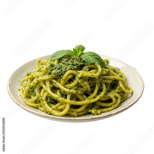 Plate of pesto pasta with vibrant green basil sauce and garnished with fresh herbs, isolated on white background.