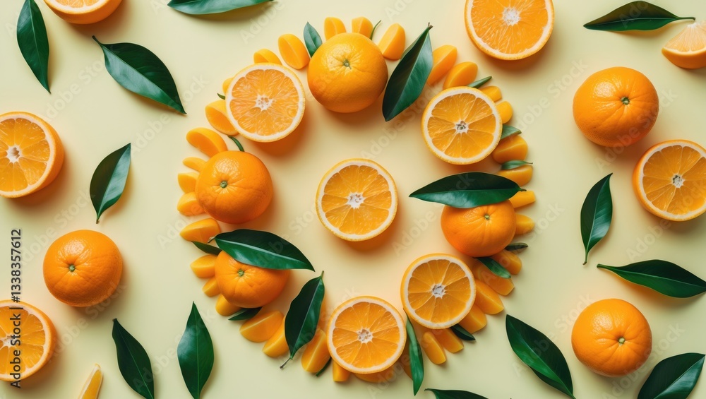 Creative summer design featuring oranges and green leaves set against a pastel yellow background. Fruit minimal theme. Flat lay. Creative summer design featuring oranges and green leaves set against a pastel yellow background. Fruit minimal theme. Flat lay.