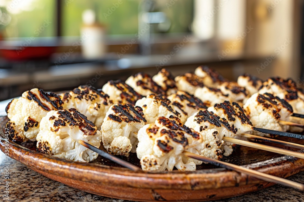 Fototapeta premium Grilled cauliflower skewers on a platter showcasing a healthy, vegetarian appetizer or side dish with char marks and vibrant, outdoor kitchen backdrop.