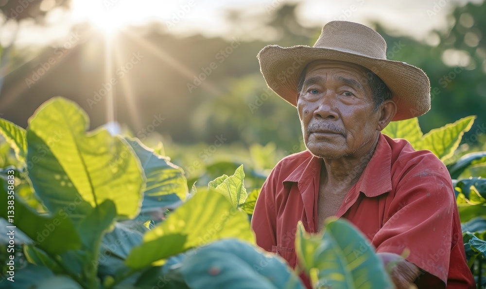 Elderly Asian Farmer Working in Tobacco Field Sunlight