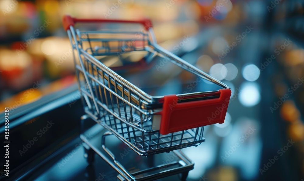 Small Shopping Cart in Supermarket Aisles Against a Blurred Supermarket Background.