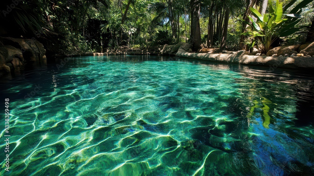 Naklejka premium An idyllic, clear pool water with no ripples, capturing the smooth, glass-like surface that reflects the surrounding tropical scenery.