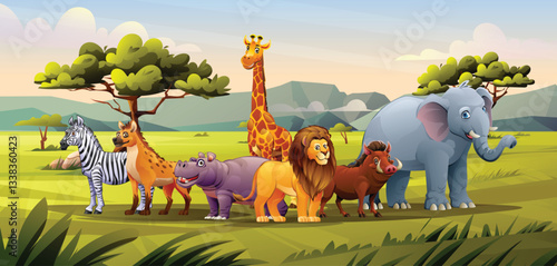 A group of animals including a giraffe, lion, zebra, hyena, hippo, and elephant standing together in savanna with a clear sky. Vector cartoon illustration