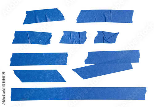 Blue Paper Tape Pieces Are Artfully Arranged on a Plain White Background, Showing Their Potential Uses in Crafts, Home Organization, and Design Projects.