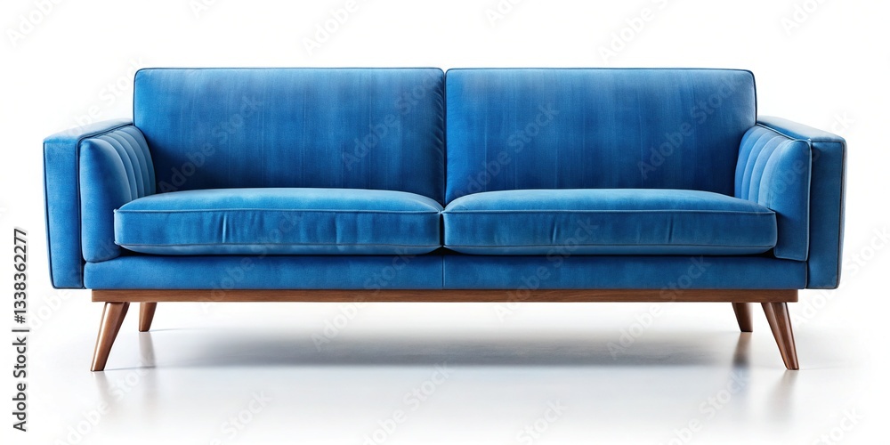 Fototapeta premium Stylish Blue Velvet Couch with Dark Wooden Legs - Modern Living Room Furniture