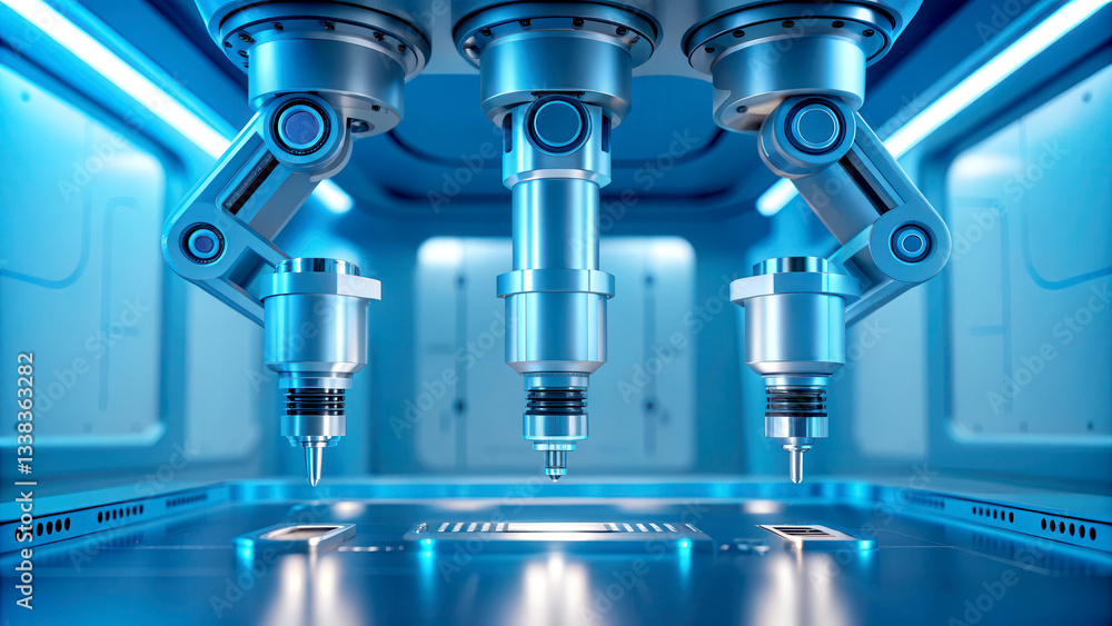 Fototapeta premium Healthcare Technology concept. A futuristic robotic assembly line featuring precision machinery in a blue-lit environment, showcasing advanced technology in action.