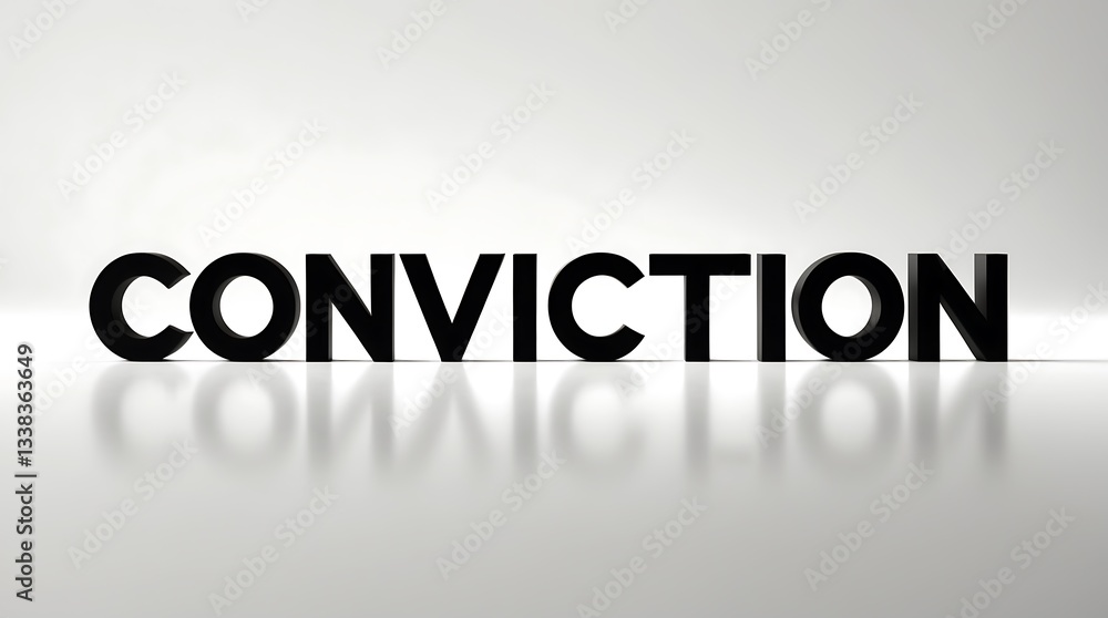 Bold typography representing the word conviction on a reflective surface Bold typography representing the word conviction on a reflective surface