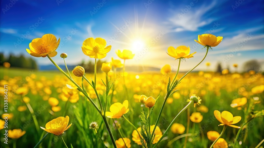 Fototapeta premium Vibrant Yellow Buttercups Blooming in a Sunny Field