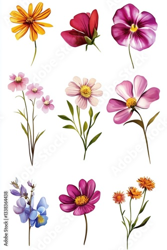 Hand-drawn botanical illustration of 9 delicate flowers in pink and yellow, featuring stems and leaves, isolated on a white background