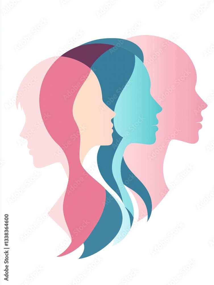 Minimalist flat logo featuring abstract pastel blue and pink female silhouettes, elegant and modern design representing unity, femininity, and strength on a white background
