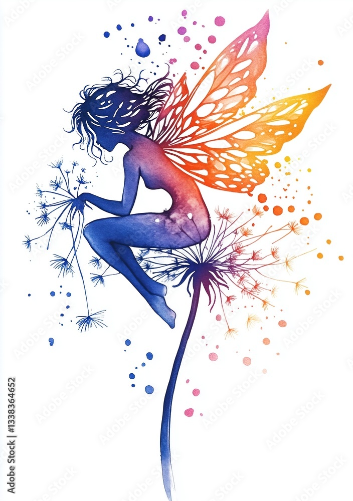 Profile illustration of a fairy silhouette with butterfly wings in orange and pink, standing on a dandelion, artistic watercolor style