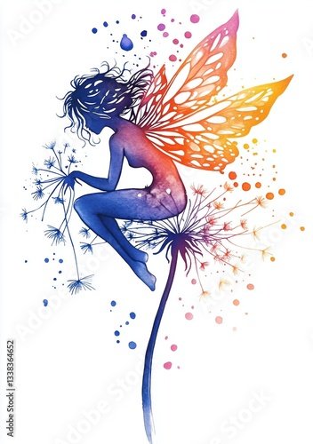 Profile illustration of a fairy silhouette with butterfly wings in orange and pink, standing on a dandelion, artistic watercolor style