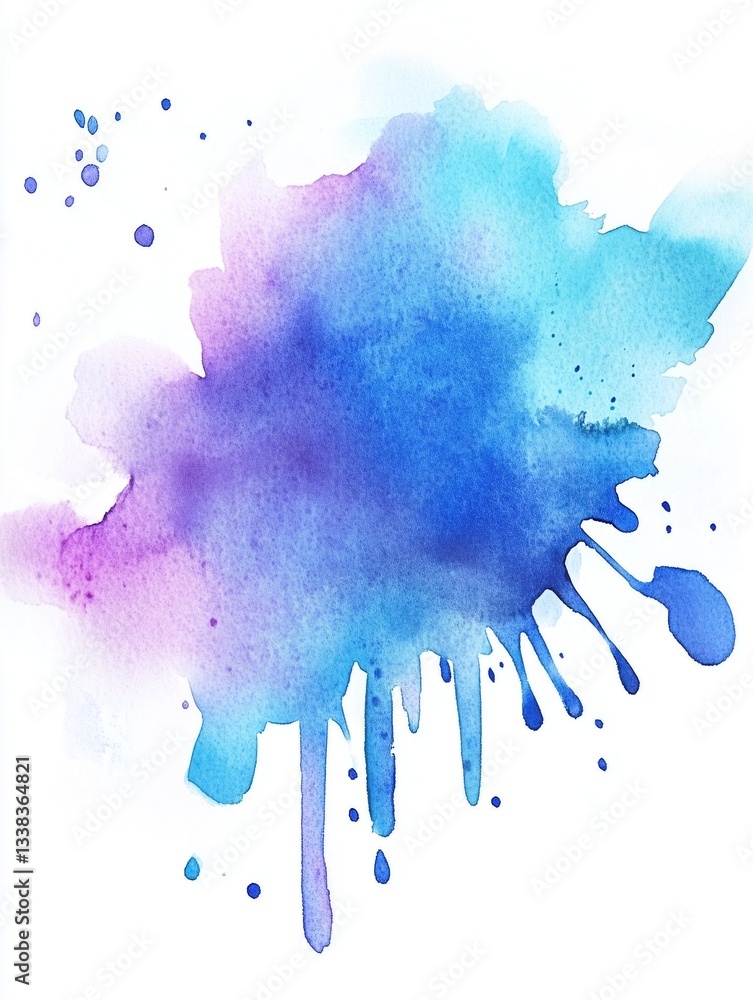 Soft central watercolor stain with dark blue and subtle purple hues, dripping splatter splash, realistic texture on watercolor paper