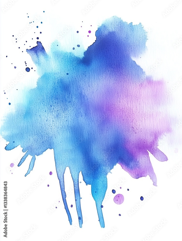 Subtle central watercolor splash with dark blue and purple tones, soft and blurry edges, dripping and splatter effect on white watercolor paper
