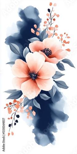 Obraz na płótnie Soft watercolor illustration of a pastel pink-cream flower with graceful green leaves, set against a deep blue artistic splash, elegant and ideal for wedding invitations and event decor w salonie