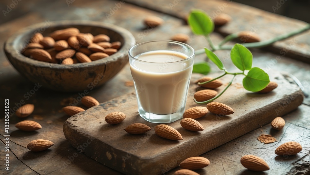 Almond milk alongside almonds on a wooden surface. Almond milk alongside almonds on a wooden surface.