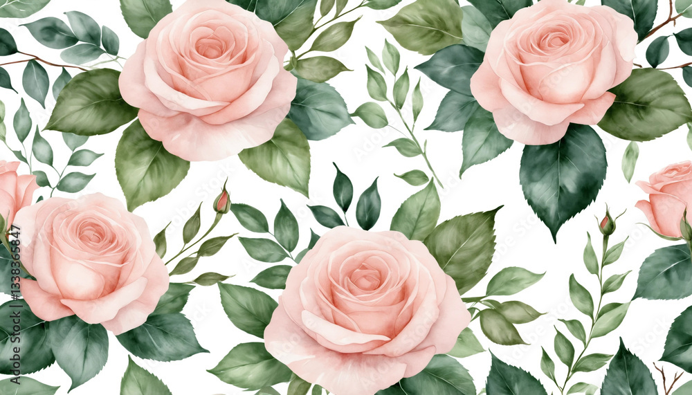 Beautiful rose pattern featuring soft pink roses and green leaves, illustrated in a charming watercolor style Beautiful rose pattern featuring soft pink roses and green leaves, illustrated in a charming watercolor style