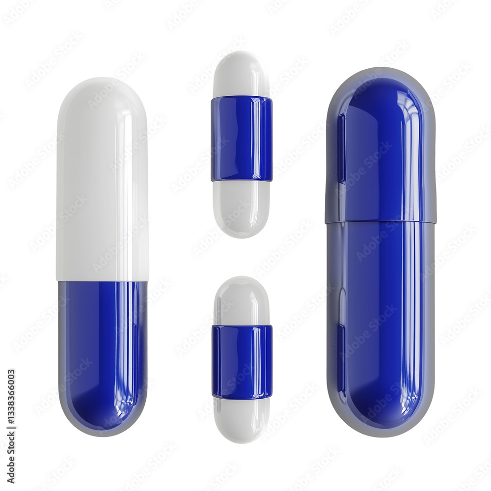 Set of Blue and White Realistic 3D Pills or Capsules, Isolated on transparent background Set of Blue and White Realistic 3D Pills or Capsules, Isolated on transparent background