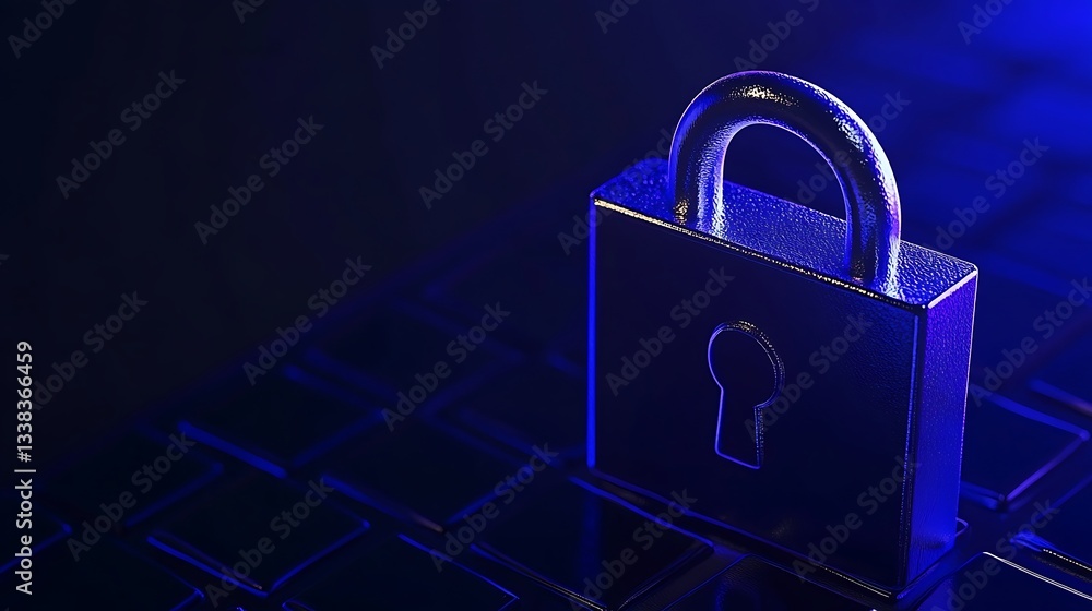 Glossy silver padlock on a dark background with blue light highlighting the security concept in digital age Glossy silver padlock on a dark background with blue light highlighting the security concept in digital age